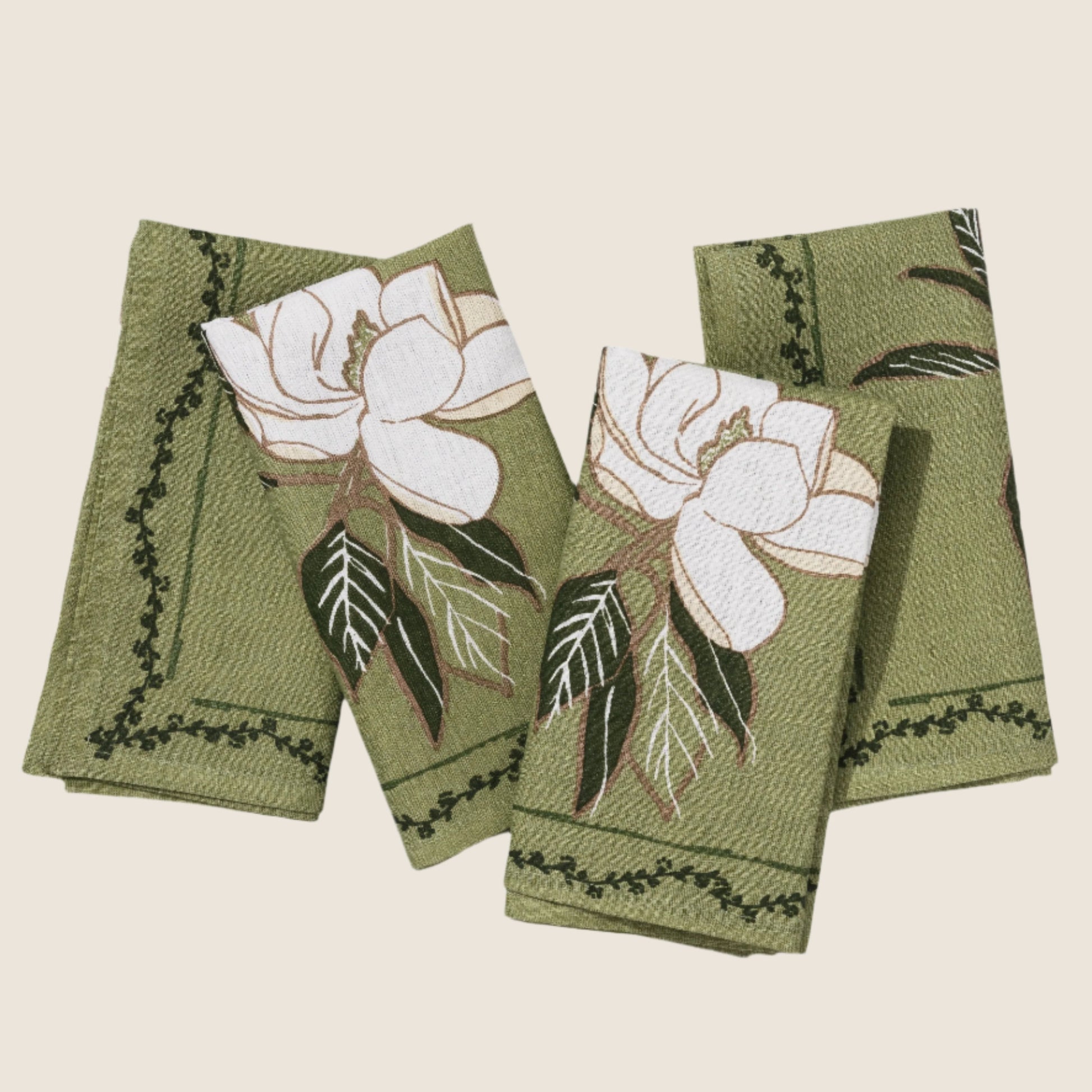 magnolia floral napkin white flower on green napkin