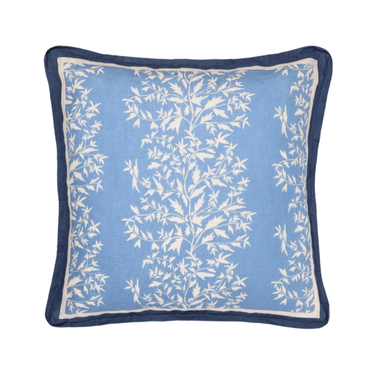 primrose lapis pillow with blue contrast trim